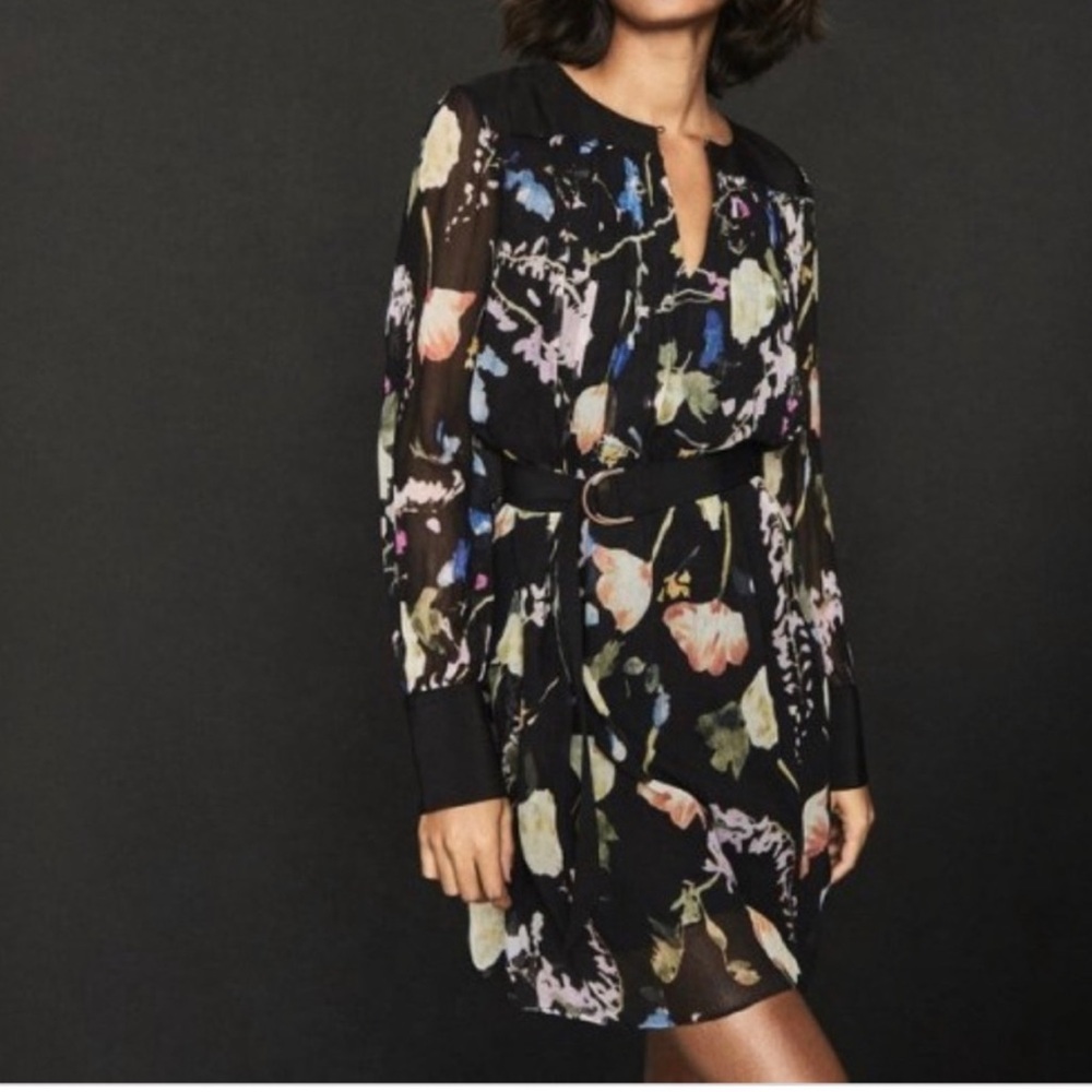Reiss Finn floral crinkled sheer dress black